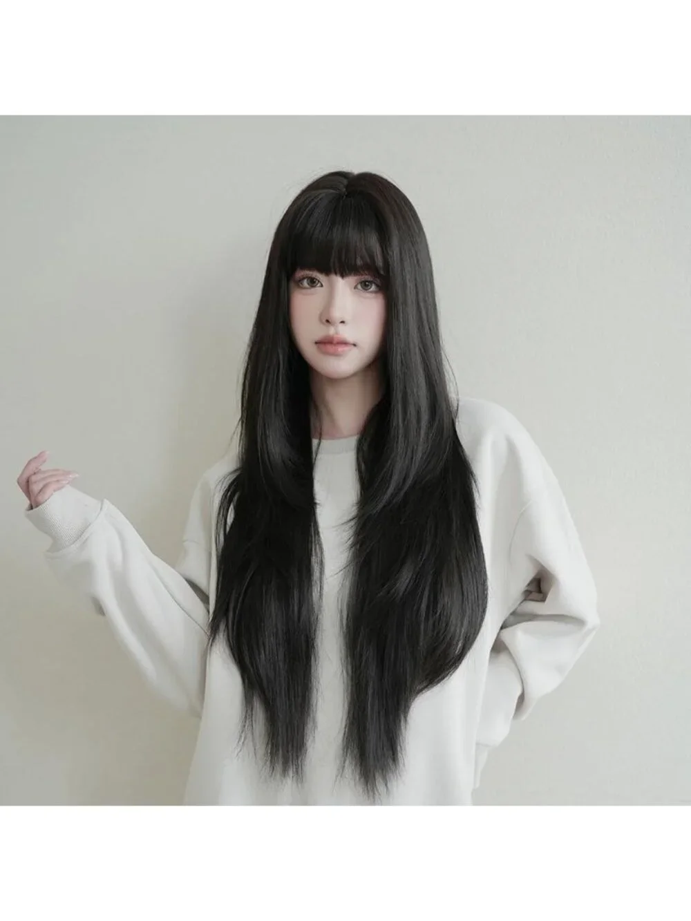 Women's Natural Black Heat Resistant Synthetic Fiber Long Straight Wigs Bangs